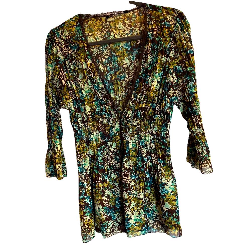 Elementz Y2K Blouse Large Brown Blue Floral Lace Trim Coquette Cottagecore